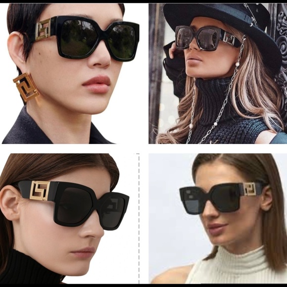 VERSACE STUNNING BLACK SQUARE FRAME SUNGLASSES WITH DRAMATIC GOLD GRECA LOGO - Picture 12 of 16